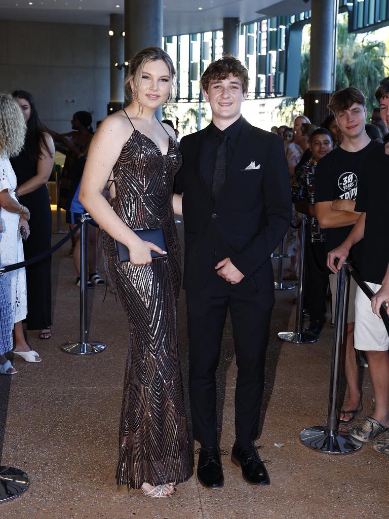 Esther Edney and Shannon Turner arrive at the Peace Lutheran College formal evening at the Cairns Convention Centre. Picture: Brendan Radke