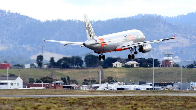 A jet comes into land at Hobart Airport. Picture: SAM ROSEWARNE