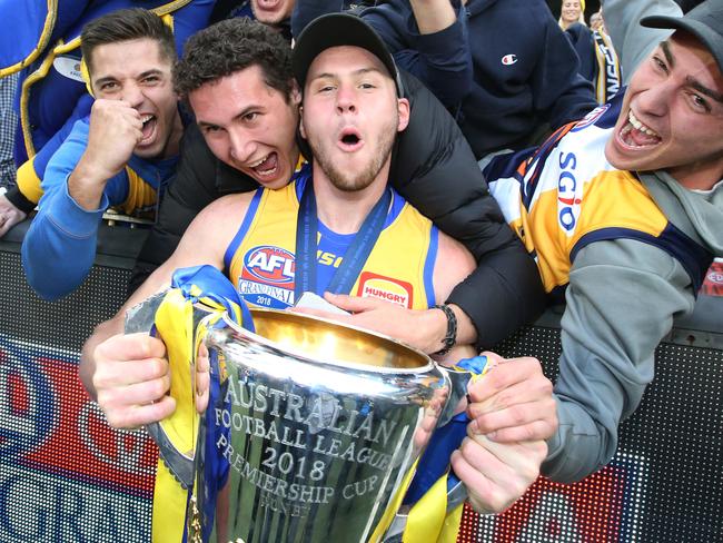 The 2018 AFL Premiership Grand Final. Collingwood vs West Coast. West Coast player Daniel Venables celebrates the win with fans.     Picture: David Caird