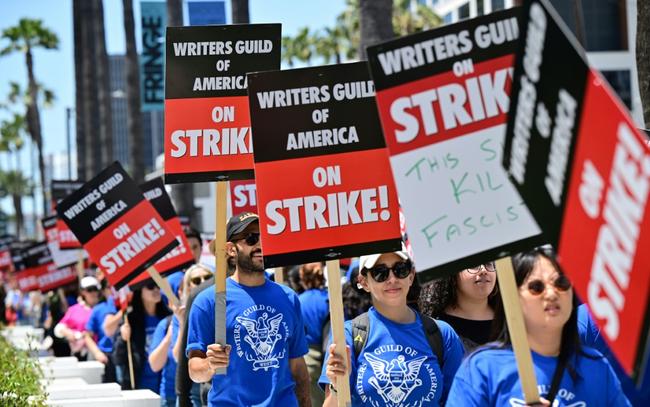 Picket lines during a screenwriter's strike in Hollywood, California