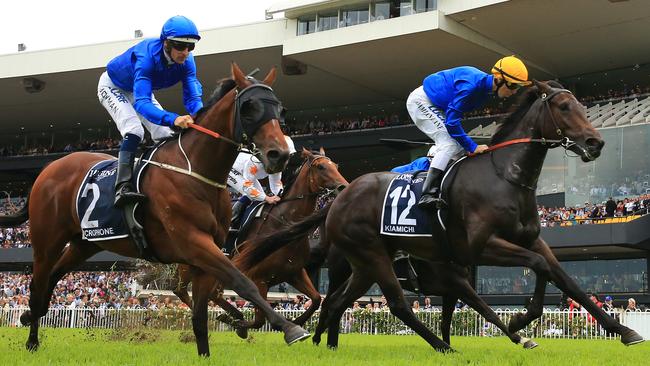 Golden Slipper winner Kiamichi (right) and Microphone will back up in the Inglis Sires’ Picture: Getty Images 