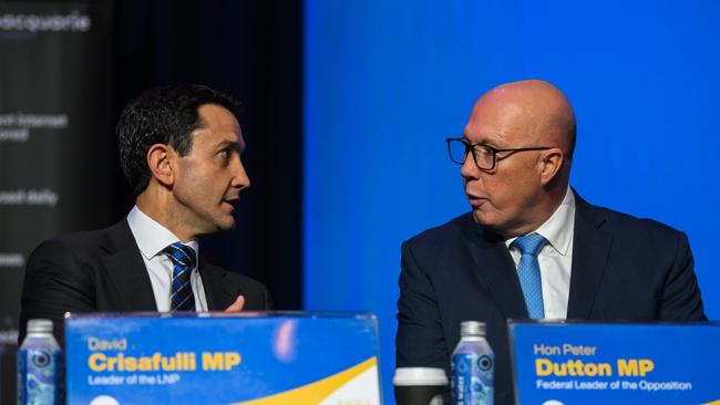 Federal Opposition Leader Peter Dutton (right) and Queensland Opposition Leader David Crisafulli during the LNP Convention in Brisbane in July. Picture: Dan Peled / NewsWire