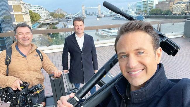 Weekend Sunrise host Matt Doran (right) and the Channel 7 crew in London last year. Picture: Instagram