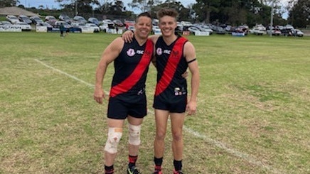 Morphett Vale Football Club father/son duo Dylan and Max Sampson after lining up in the same team. Picture: Supplied