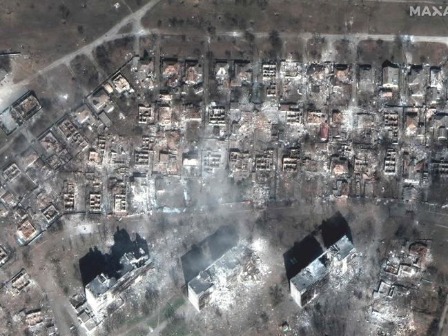 Destroyed apartment buildings and houses east of Mariupol, Ukraine, taken on March 29, 2022. Picture: Satellite image Â©2022 Maxar Technologies / AFP