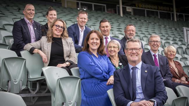 TFC AFL Club Inaugural Board of Directors, Chair Grant O'Brien with (Club Ambassador) Julie Kay, James Henderson, Kathy Schaefer, Alastair Lynch, Kath McCann, Alicia Leis, Roger Curtis, (Club Ambassador) Jack Riewoldt, Graeme Gardner and Laura McBain at UTAS Stadium. Picture: Chris Kidd