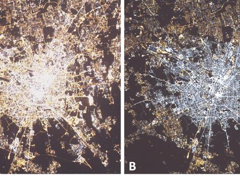 Change in lighting technology in Milan, Italy, observed from space.