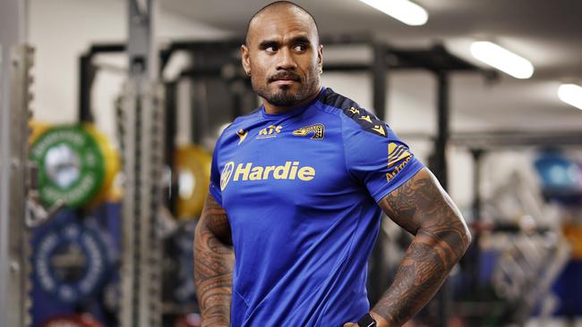 DAILY TELEGRAPH - 26.2.25 Parramatta Eels player Junior Paulo pictured in the gym at the Eels HQ today. Picture: Sam Ruttyn