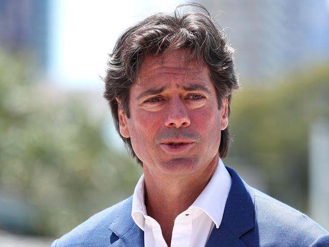 BRISBANE, AUSTRALIA - OCTOBER 19: Gillon McLachlan, Chief Executive Officer of the AFL speaks with media during the 2020 AFL Grand Final Footy Festival Launch at South Bank Streets Beach on October 19, 2020 in Brisbane, Australia. (Photo by Michael Willson/AFL Photos via Getty Images)