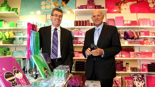 Just Group’s Jason Murray (left) and Premier chairman Solomon Lew at a Smiggle shop in Bourke Street, Melbourne.