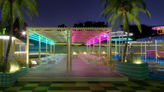 The area will feature private cabanas, palm trees and a double-story bar crowned with a DJ booth towering over the tennis precinct.