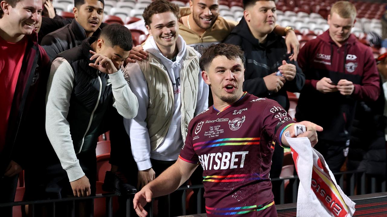 Zac Fulton celebrates with mates after making his NRL debut Manly. Picture: Cameron Spencer/Getty Images