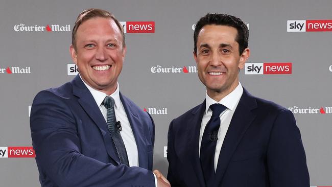 Premier Steven Miles and Opposition Leader David Crisafulli go head to head in the final election debate in front of 100 undecided voters at Suncorp Stadium. Pics Adam Head