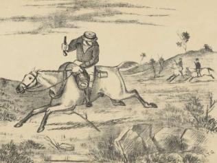 The Bushranger Pursued. A drawing by E.C. May from about 1890 showing a romantic version of an outlaw being chased by a policeman. Picture: National Library