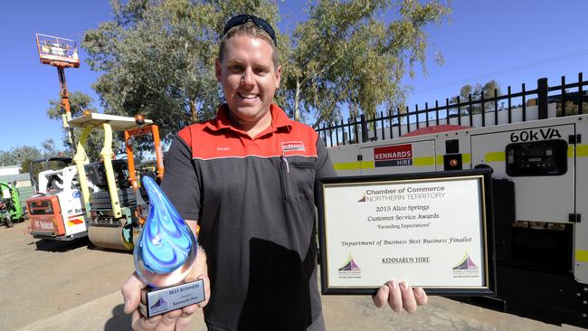 Dave Fendt with Kennards Hire’s Chamber of Commerce award for best business in Alice Springs in 2015. Picture: Rex Nicholson