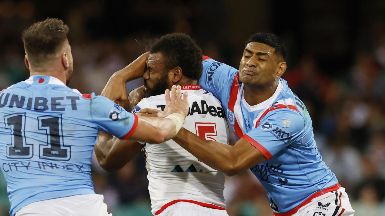 Daniel Tupou avoided on-field punishment for this tackle on Mikaele Ravalawa. Picture: Getty