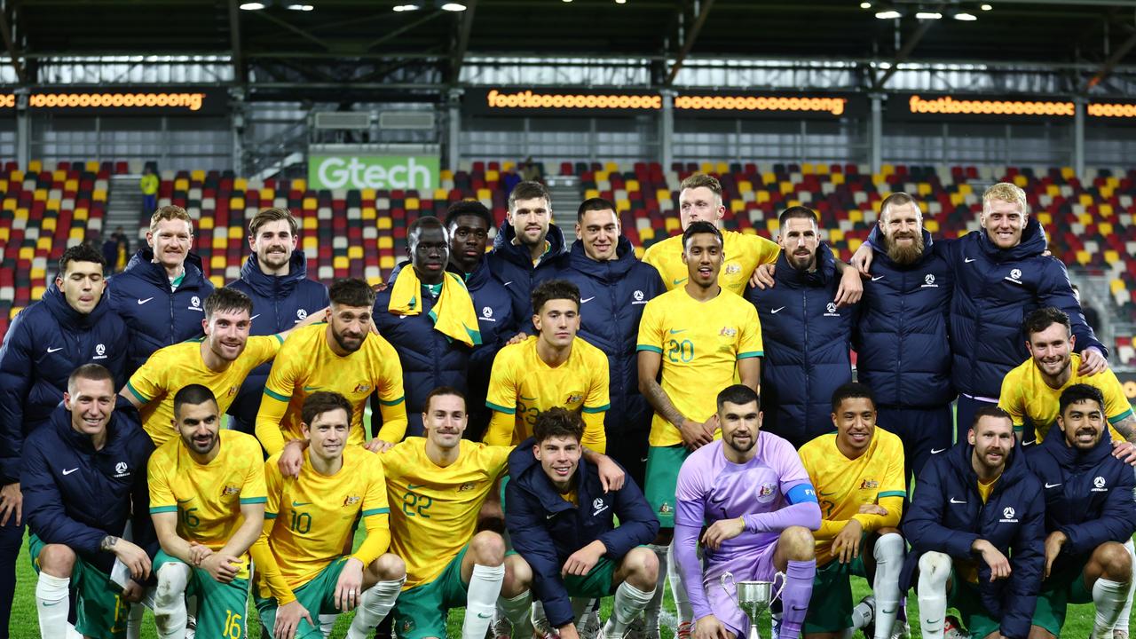 The Socceroos celebrate their ‘Soccer Ashes’ win over New Zealand. Picture: Bryn Lennon/Getty Images