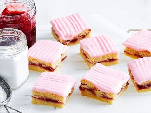 Iced raspberry shortbread slice.