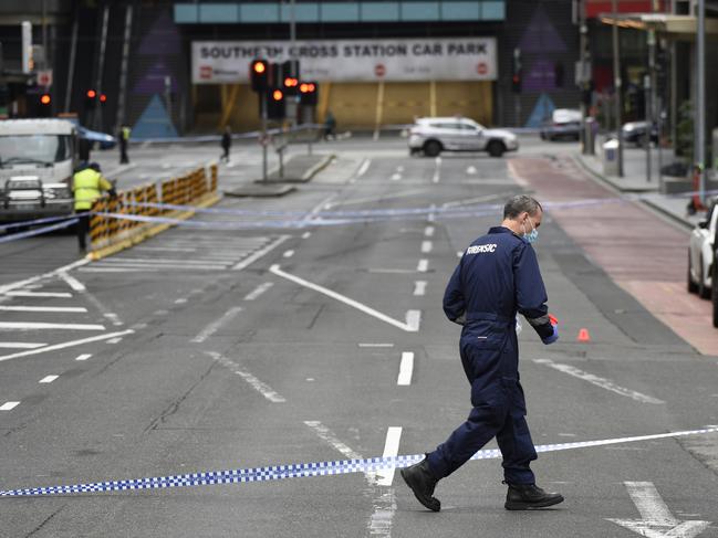 Police investigate the shooting of an 18-year-old male by Walid Chaaban on Lonsdale St. Picture: NCA NewsWire / Andrew Henshaw