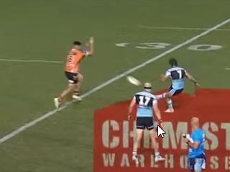 Terrell May charged down a Nicho Hynes field goal in the 79th minute of the Tigers vs Sharks match in Round 8. The Tigers went on to win the game in golden point.