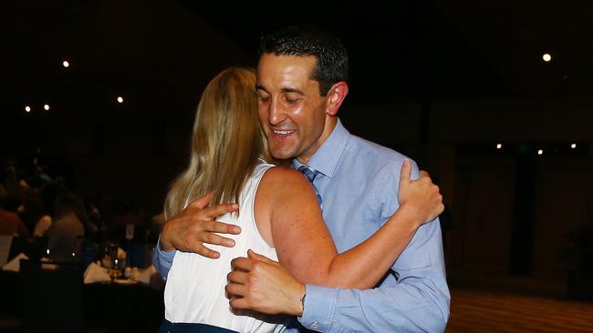 Kate Jones greeting David Crisafulli at a Cairns Post Future Tourism lunch — they are fierce rivals in state parliament. Picture: Brendan Radke.