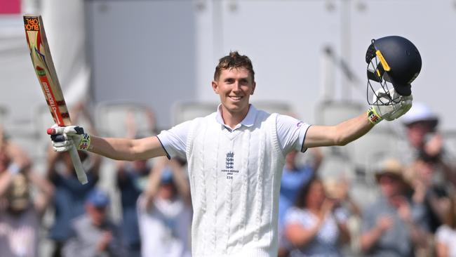 England batsman Zak Crawley celebrates his century in Manchester, England. Picture: Getty Images.