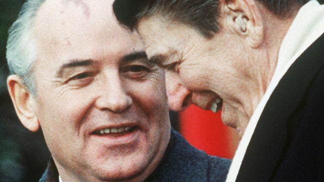 US President Ronald Reagan, right, chats with Soviet leader Mikhail Gorbachev in 1987. Picture: AFP