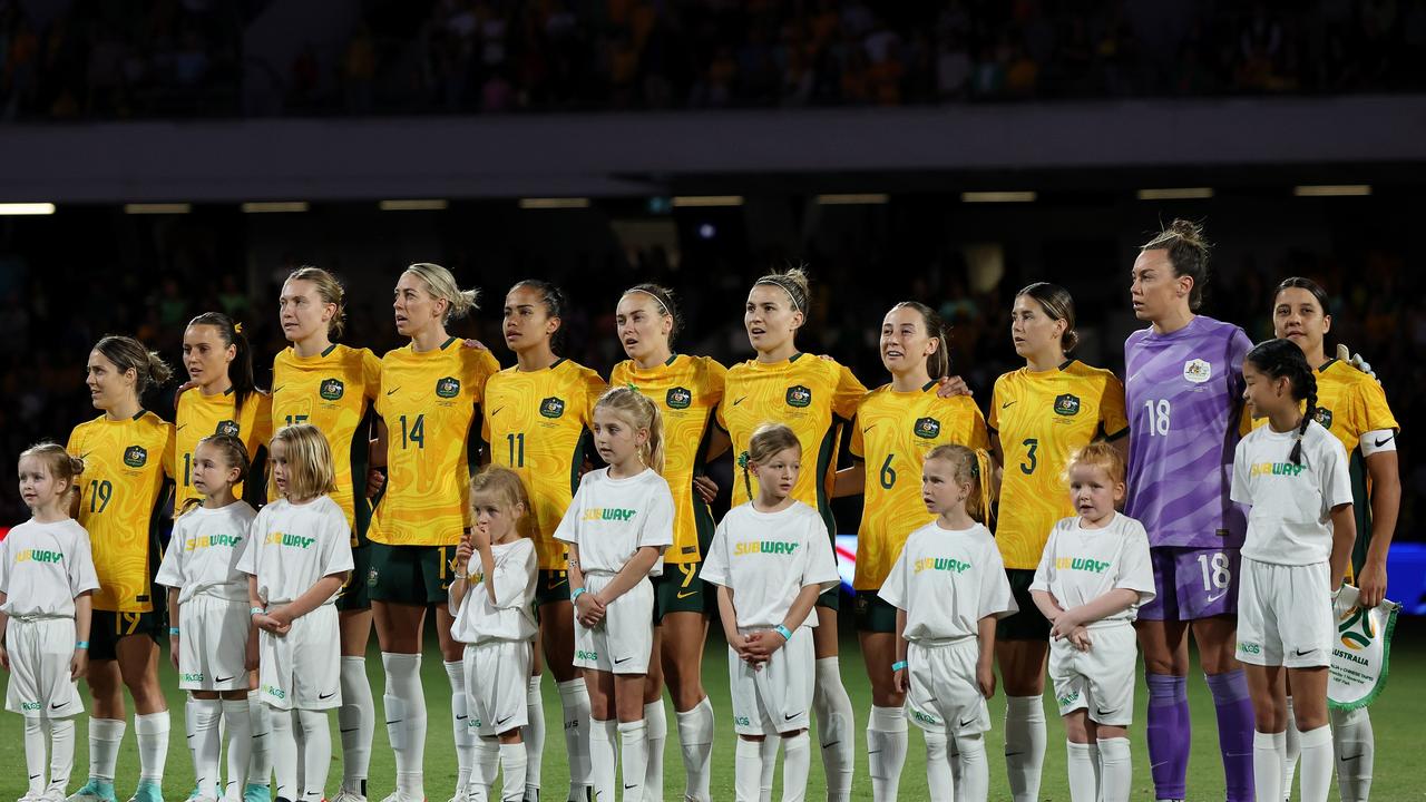 The Matildas sing the Australian national anthem before the match. Picture: Will Russell/Getty Images