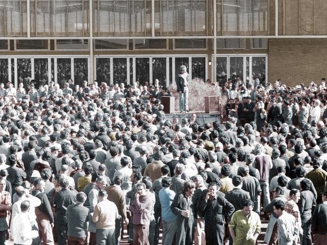 Holden history: A union official addresses a meeting attended by more than 2500 General Motors Holden workers at the Elizabeth plant in July 1973.