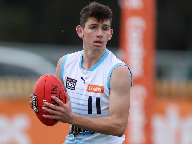 MELBOURNE, AUSTRALIA - June 02: Connor Evans of the Pioneers in action during the 2024 Coates Talent League U18 Boys Round 10 match between Bendigo Pioneers and Gippsland Power at La Trobe University on June 02, 2024 in Melbourne, Australia. (Photo by Rob Lawson/AFL Photos)