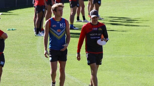 Gold Coast mid-season draftee Mitch Riordan (left) at Suns training. Picture: Supplied.