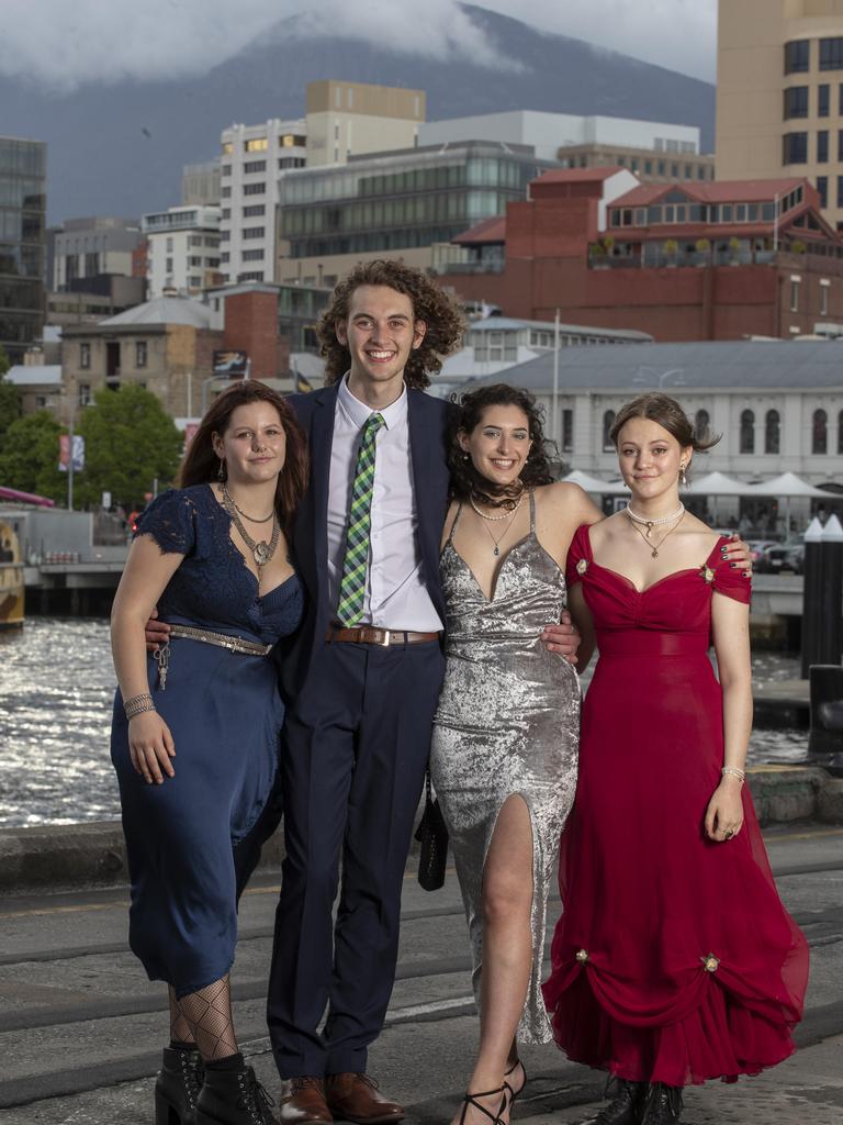 Hobart College leavers Dinner 2021 at the Hobart Function and Conference Centre, Lili Klimenko, Benjamin Goss, Amelia Waldie and Avani Clark. Picture: Chris Kidd