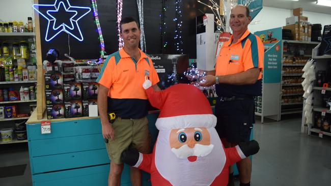 HEALTHY COMPETITION: Biloela Home Timber and Hardware’s Tim and Kent love the fun that comes with the Christmas lights competition.