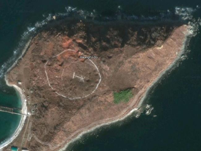 Kim Jong-un witnessed a huge military drill which fired on and close to this small island, just off the beaches of Wonsan. Picture: Google Earth