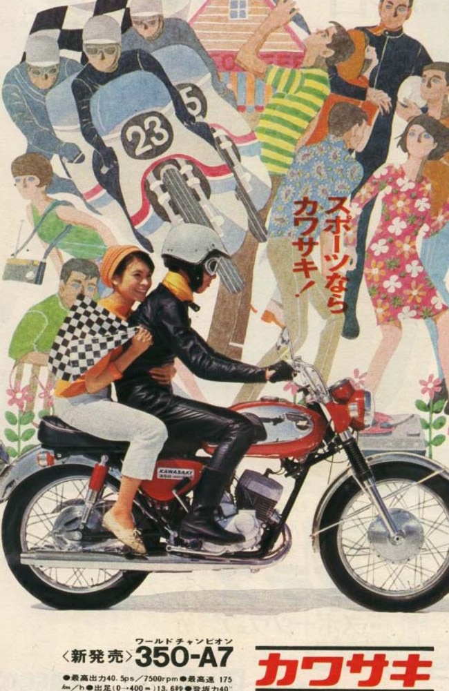 A Japanese Kawasaki motorbike advert from 1967 conveyed Sixties exuberance. Picture: OldSchoolAds