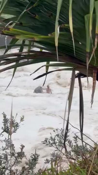 Man clings to rock at Snapper Rocks