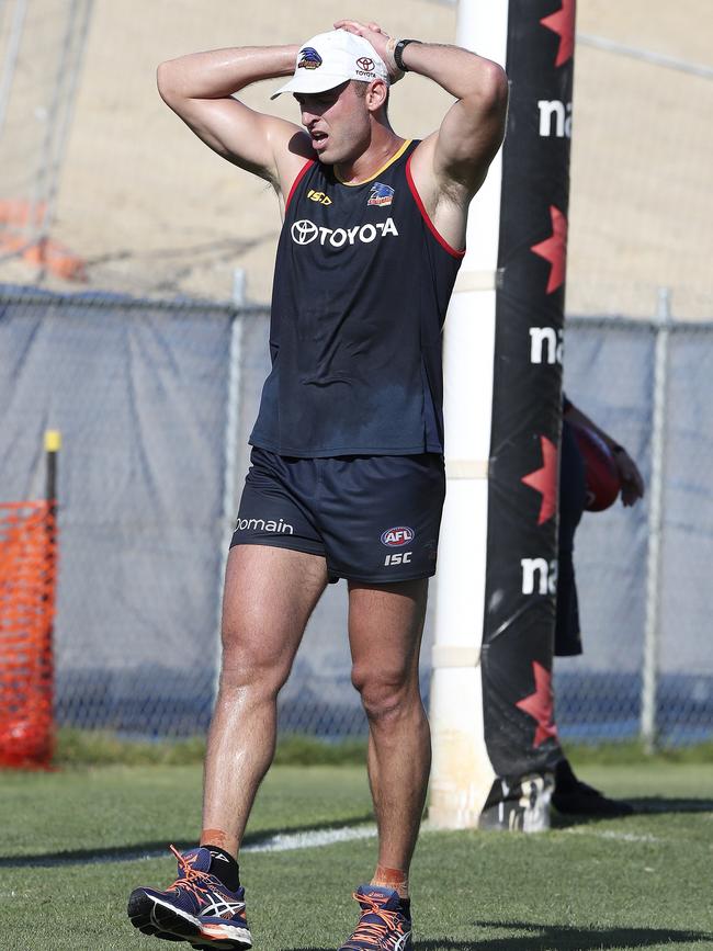 Daniel Talia takes a break during pre-season training. Picture: Sarah Reed