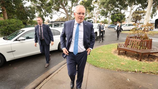 Prime Minister Scott Morrison visits the electorate of Boothby in South Australia for a coffee catch-up and roundtable with Youth Opportunities CEO Erin Faehrmann and six young people involved in the program. Picture: Jason Edwards