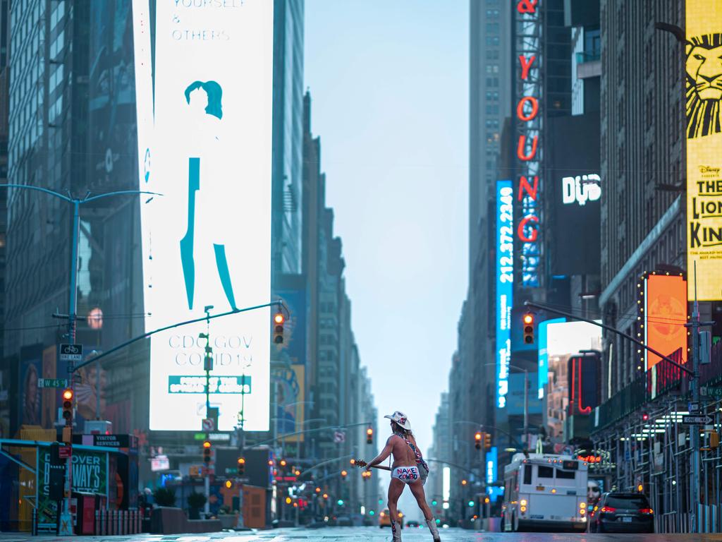 The Naked Cowboy in a changed New York City. Picture: Johannes EISELE / AFP