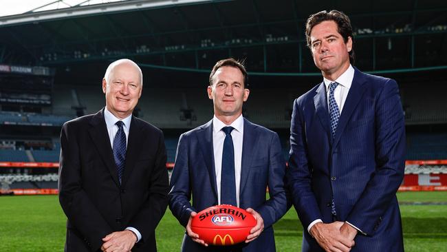 AFL chairman Richard Goyder, newly appointed CEO Andrew Dillon and Gillon McLachlan. Picture: Dylan Burns/AFL Photos via Getty Images