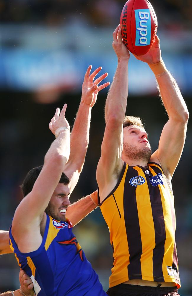 Eagle Jack Darling was no match ofr Grant Birchall in this marking contest. Picture: Getty