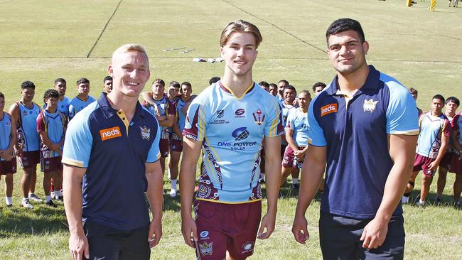 Titans stars Tanah Boyd and David Fifita and with Keebra Park captain Blake Mozerbefore the start of the season. Picture: Tertius Pickard