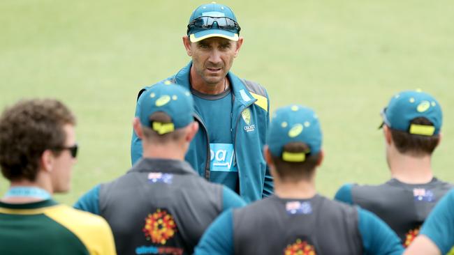 Australian coach Justin Langer speaks to players in Perth ahead of Sunday’s one-dayer against South Africa. Picture: AAP