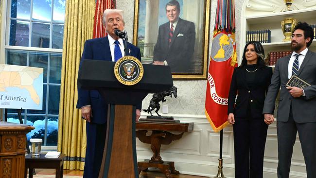 Donald Trump talks to reporters in the Oval Office. Picture: AFP.