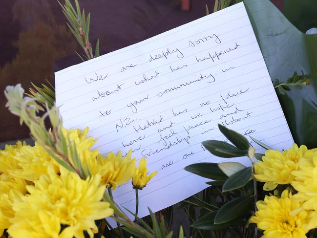 Flowers left at the Hobart Mosque as support of the local Muslim community in relation to the Christchurch terror attack. Picture: NIKKI DAVIS-JONES