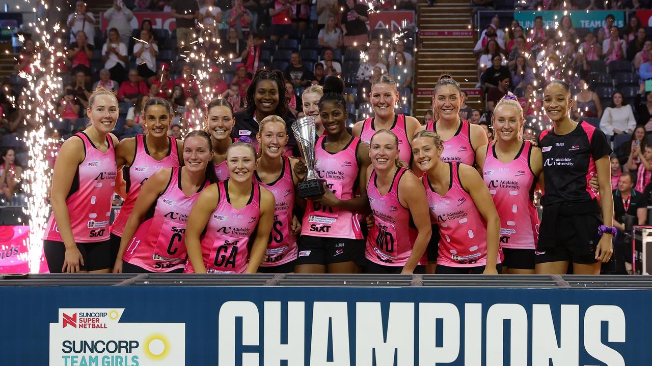 ADELAIDE, AUSTRALIA – MARCH 16: Players of the Thunderbirds celebrate winning the 2025 Suncorp Team Girls Cup at Netball SA Stadium on March 16, 2025 in Adelaide, Australia. (Photo by Sarah Reed/Getty Images)