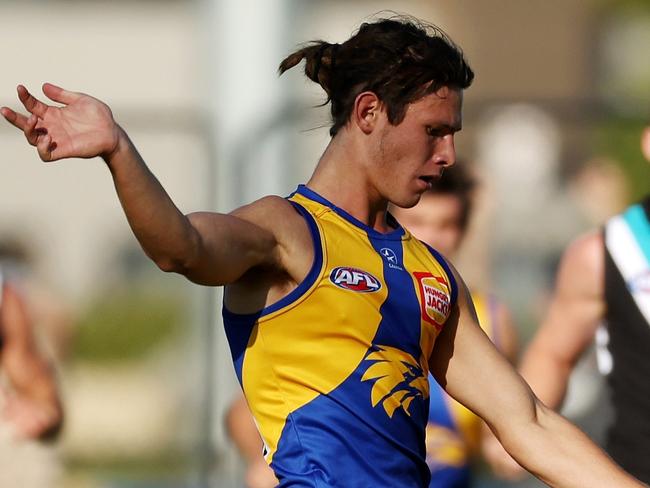 PERTH, AUSTRALIA - FEBRUARY 24: Jai Culley of the Eagles kicks the ball during the 2023 AFL match simulation between the West Coast Eagles and the Port Adelaide Power at Mineral Resources Park on February 24, 2023 in Perth, Australia. (Photo by Will Russell/AFL Photos via Getty Images)