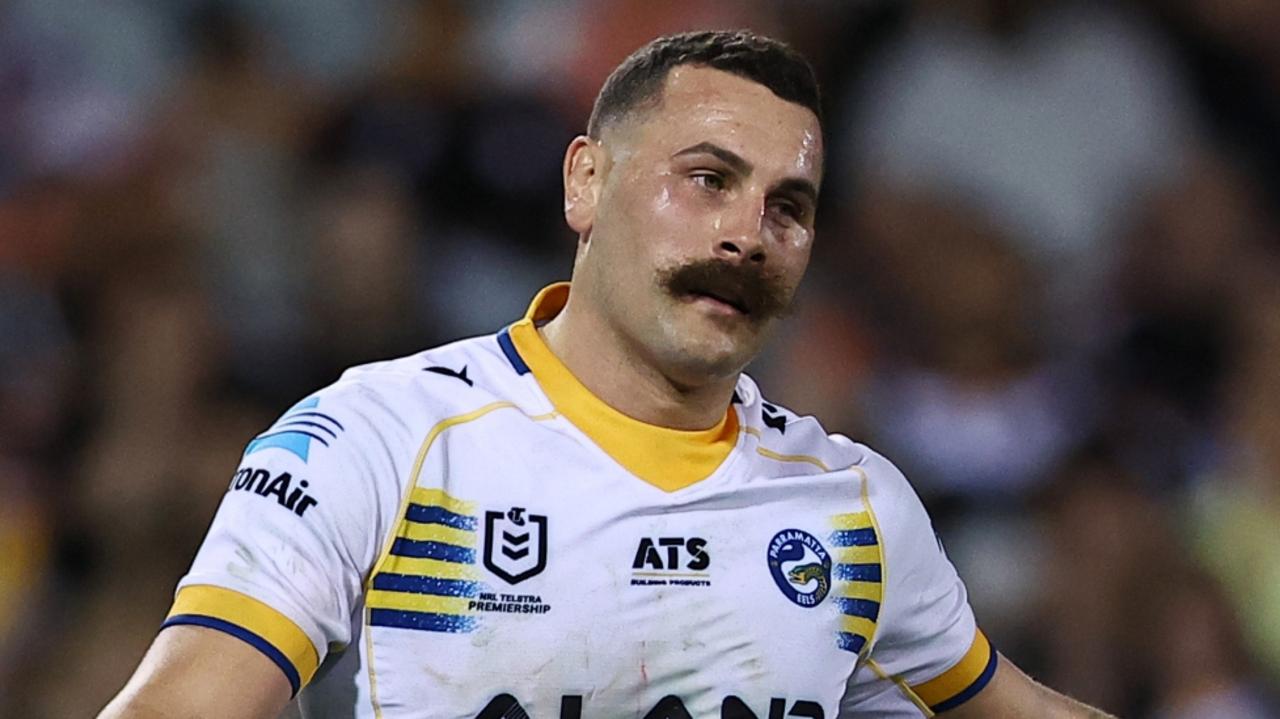 SYDNEY, AUSTRALIA - SEPTEMBER 06: Reagan Campbell-Gillard of the Eels kicks the final conversion of the match during the round 27 NRL match between Wests Tigers and Parramatta Eels at Campbelltown Stadium, on September 06, 2024, in Sydney, Australia. (Photo by Jeremy Ng/Getty Images)