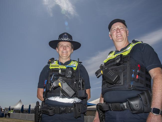 Senior Constable Darlene Hatchett &amp; Senior Sergeant Liam Gardner were keeping an eye on things at the 2024 Manangatang Cup. Picture: Noel Fisher