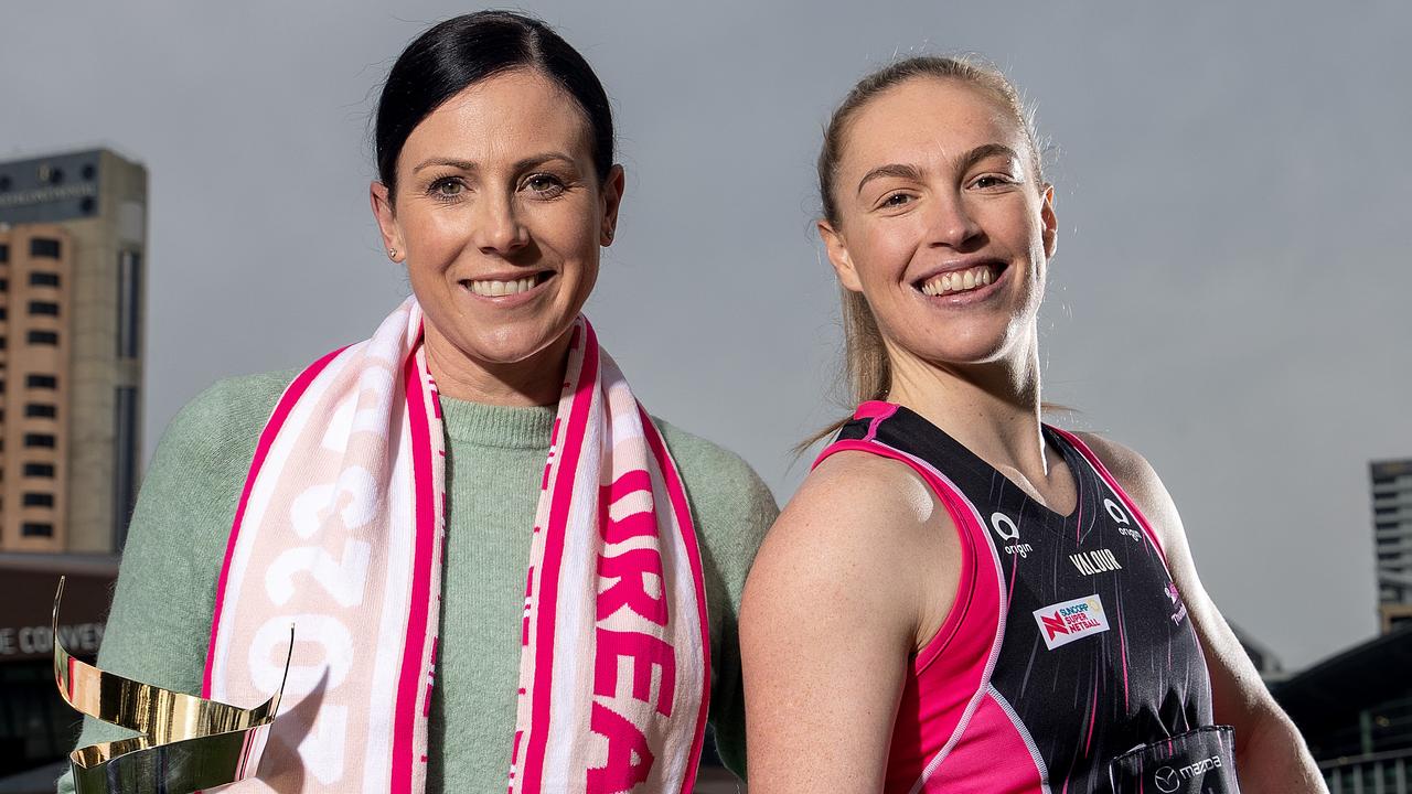 Natalie von Bertouch, captain of the 2013 Adelaide Thunderbirds team which last won the championship, with current Captain of the Thunderbirds Hannah Petty pose together during a portrait session on the banks of the River Torrens on July 04, 2023 in Adelaide, Australia. The Thunderbirds will play the NSW Swifts in the 2023 Super Netball Grand Final this Saturday in Melbourne. (Photo by Sarah Reed/Getty Images)